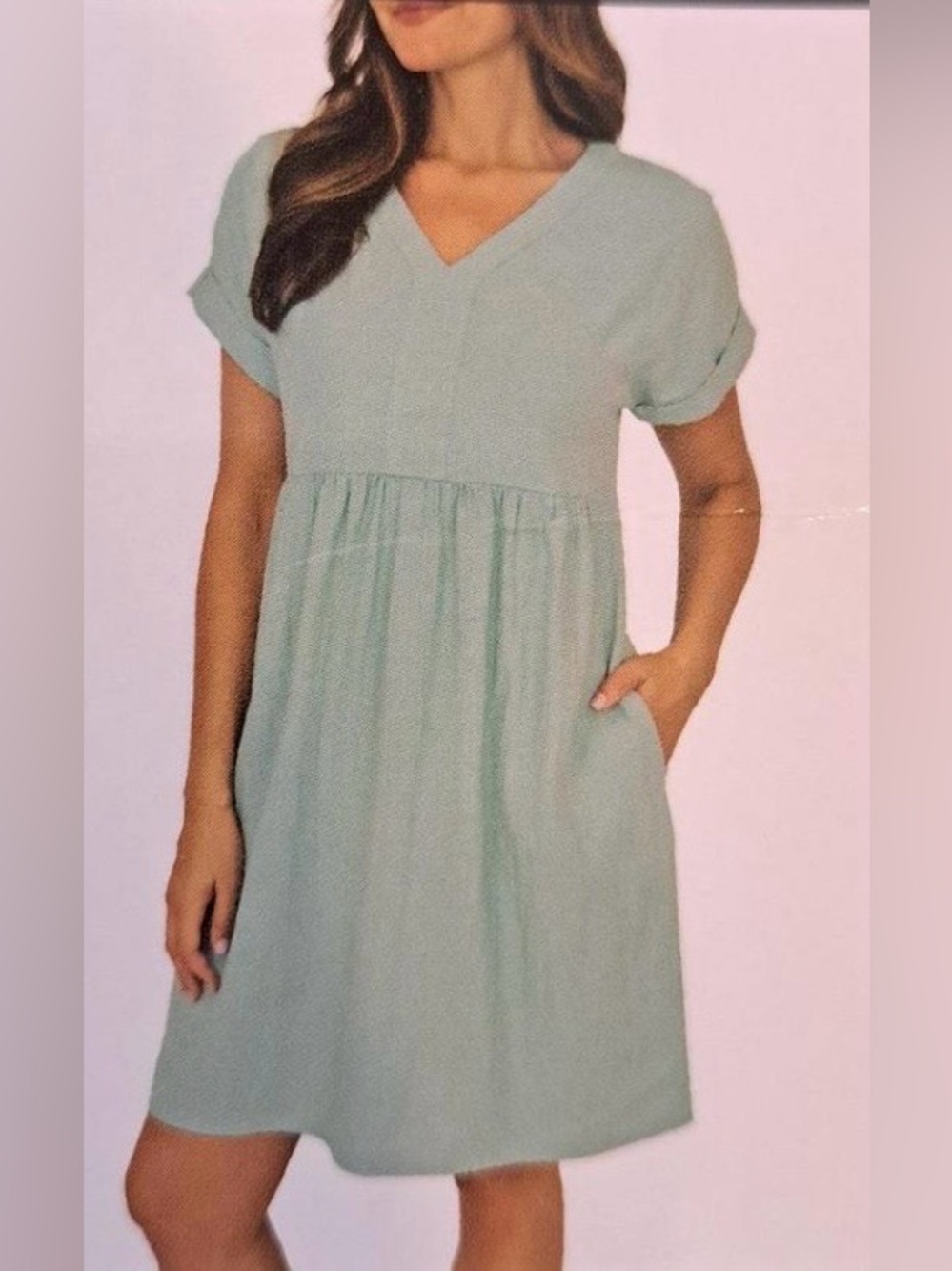 Briggs Linen Blend V-Neck Midi Dress Sage Mint Green Pockets NWOT Size S